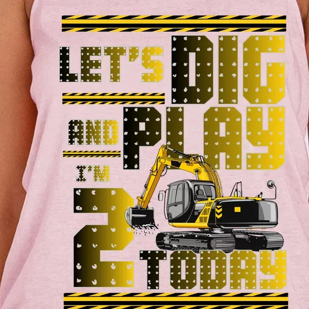 Let's Dig And Play I'm 2 Today 2nd Birthday Party Excavator Women's Knotted Racerback Tank