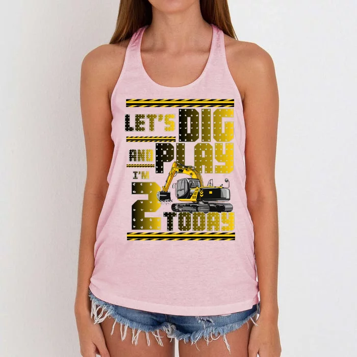 Let's Dig And Play I'm 2 Today 2nd Birthday Party Excavator Women's Knotted Racerback Tank