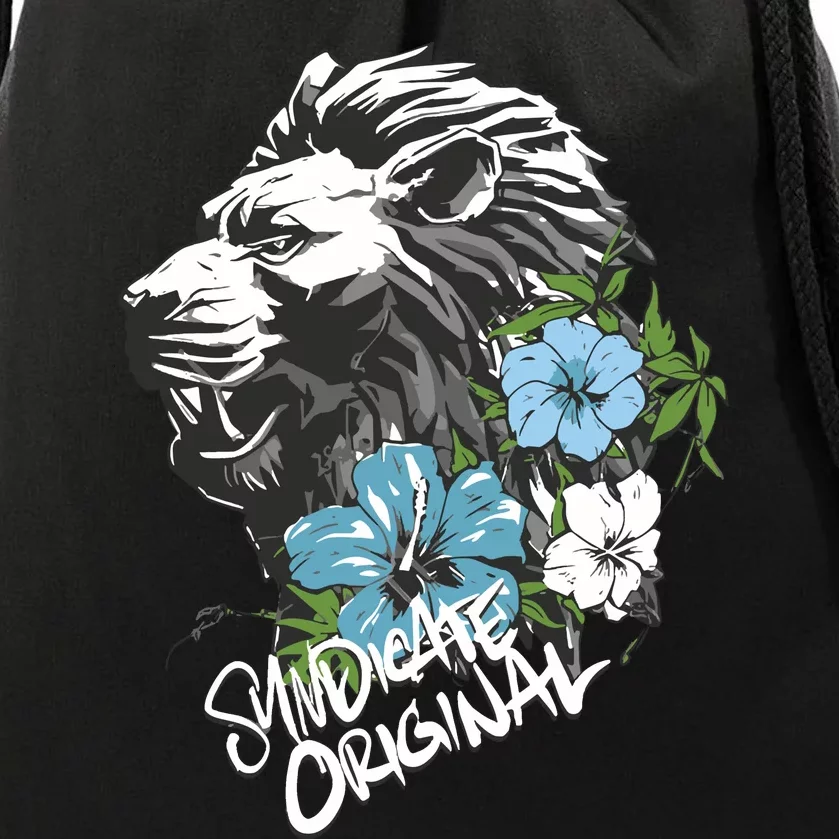 Lion Dark Blue Flowers Syndicate Drawstring Bag