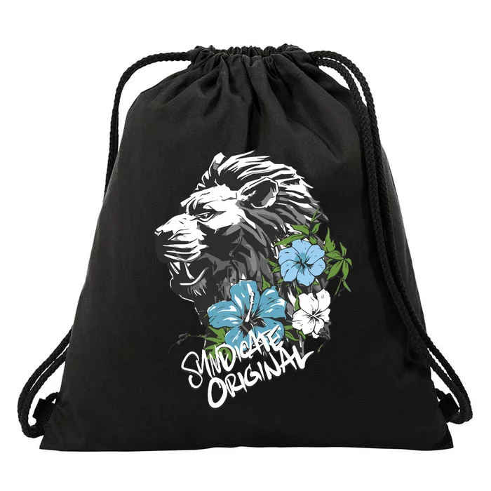 Lion Dark Blue Flowers Syndicate Drawstring Bag