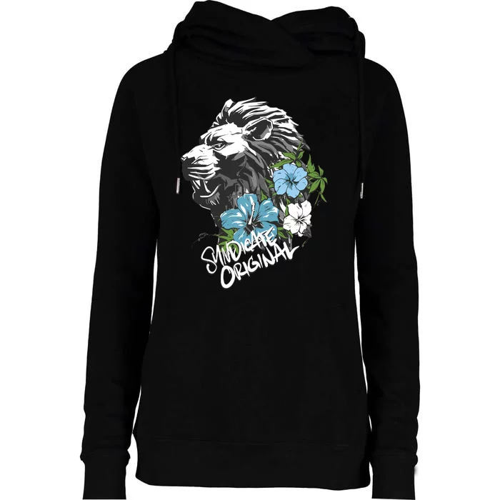 Lion Dark Blue Flowers Syndicate Womens Funnel Neck Pullover Hood