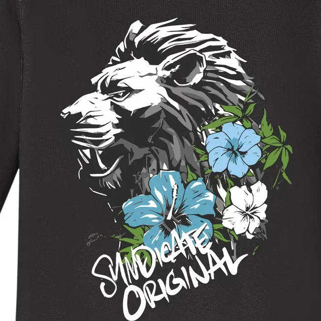 Lion Dark Blue Flowers Syndicate Baby Long Sleeve Bodysuit