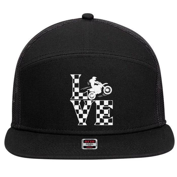 Love Dirt Bike Girl Checkered Flag Motocross Track Race Gift 7 Panel Mesh Trucker Snapback Hat