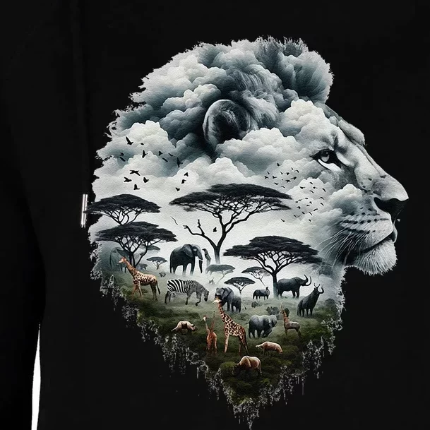 Lion Double Exposures Wildlife African Animal Safari Womens Funnel Neck Pullover Hood