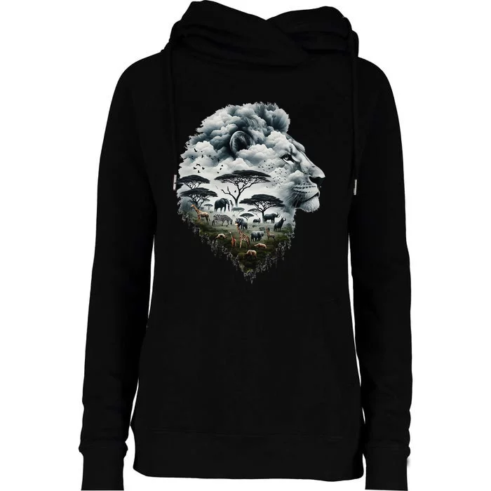 Lion Double Exposures Wildlife African Animal Safari Womens Funnel Neck Pullover Hood