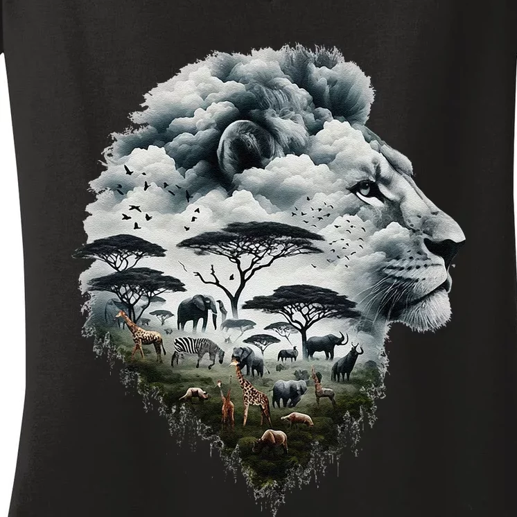 Lion Double Exposures Wildlife African Animal Safari Women's V-Neck T-Shirt