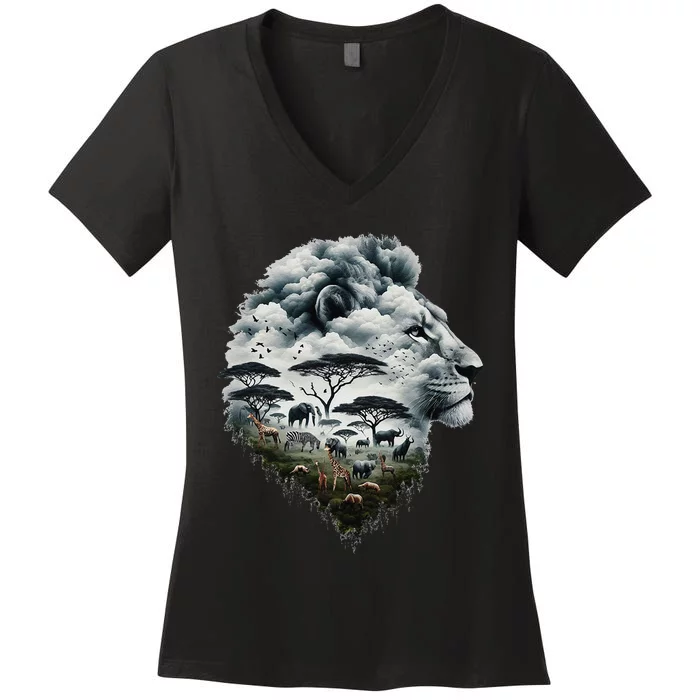 Lion Double Exposures Wildlife African Animal Safari Women's V-Neck T-Shirt