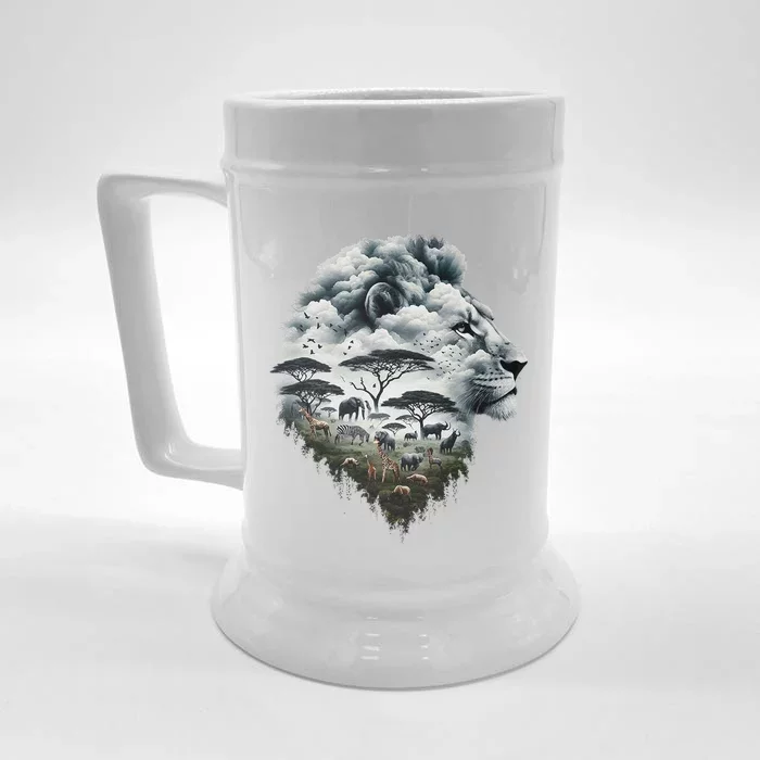 Lion Double Exposures Wildlife African Animal Safari Front & Back Beer Stein