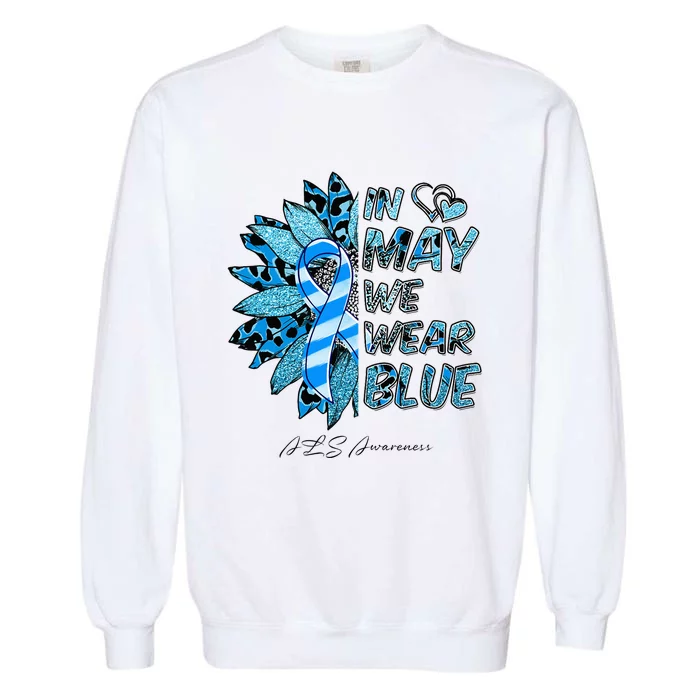 Leopard Daisy In May We Wear Blue ALS Awareness Garment-Dyed Sweatshirt