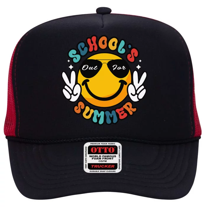 Last Day Of School Groovy Graduation SchoolS Out For Summer High Crown Mesh Trucker Hat