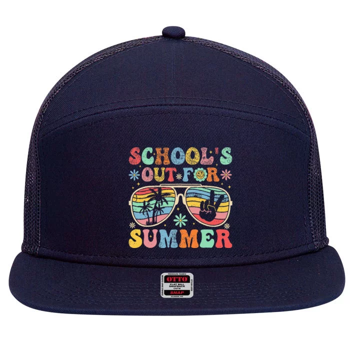 Last Day Of School Groovy SchoolS Out For Summer Teacher 7 Panel Mesh Trucker Snapback Hat