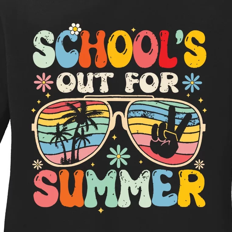 Last Day Of School Groovy Schools Out For Summer Teacher Ladies Long Sleeve Shirt