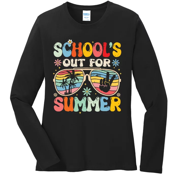 Last Day Of School Groovy Schools Out For Summer Teacher Ladies Long Sleeve Shirt