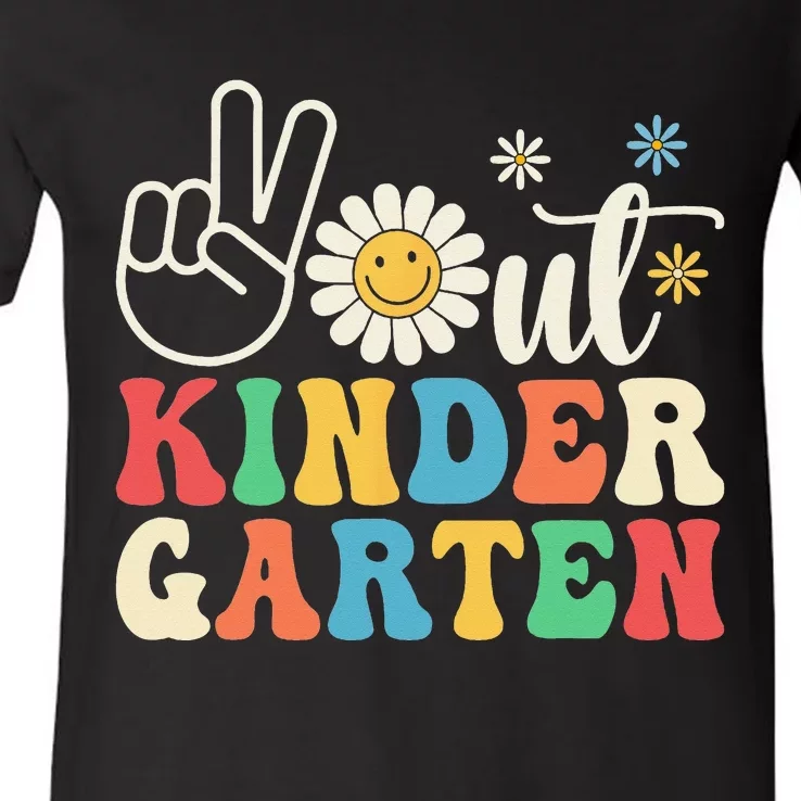 Last Day of School Peace Out Kindergarten Groovy Teacher V-Neck T-Shirt