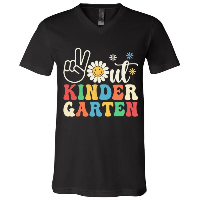 Last Day of School Peace Out Kindergarten Groovy Teacher V-Neck T-Shirt