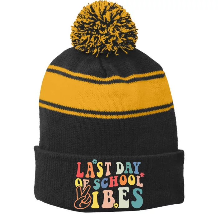 Last Day Of School Vibes Retro Vintage Teacher Graduation Stripe Pom Pom Beanie