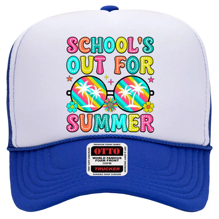 Last Day Of School Graduation Groovy Schools Out For Summer High Crown Mesh Trucker Hat