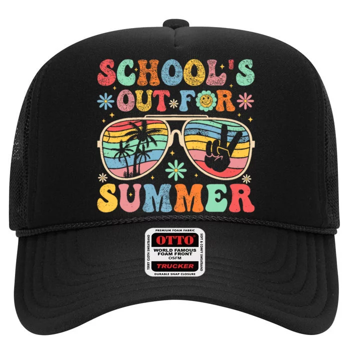 Last Day Of School Groovy SchoolS Out For Summer Teacher High Crown Mesh Trucker Hat