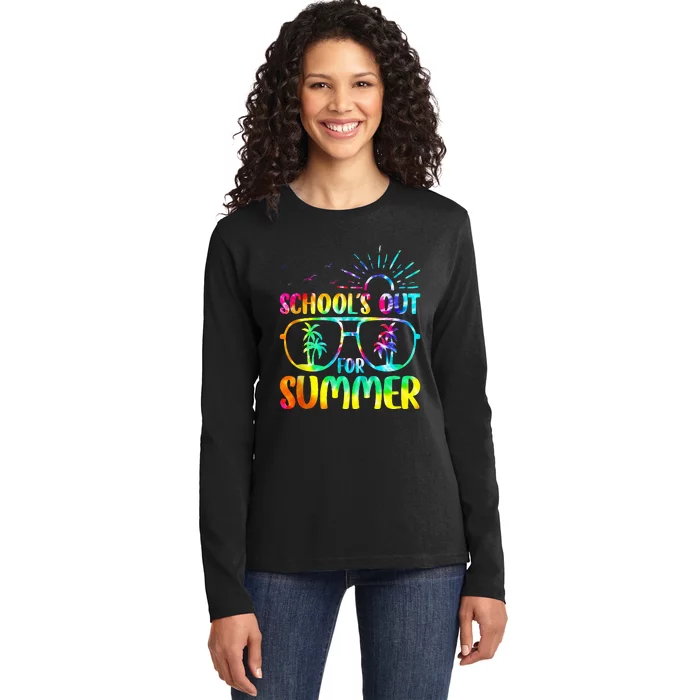 Last Day Of School Schools Out Summer Teacher Tie Dye Ladies Long Sleeve Shirt