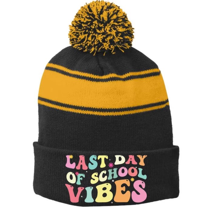 Last Day Of School Vibes Retro Vintage Teacher Graduation Stripe Pom Pom Beanie