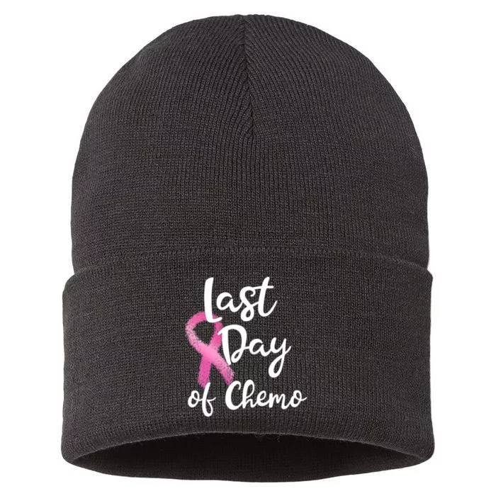 Last Day Of Chemo Pink Funny Breast Cancer Survivor Sustainable Knit Beanie