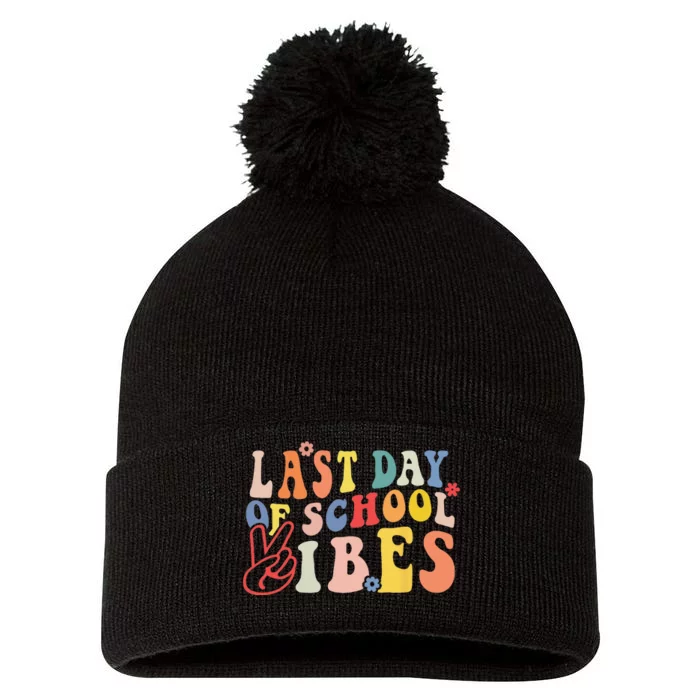 Last Day Of School Vibes Vintage Teacher Graduation Pom Pom 12in Knit Beanie