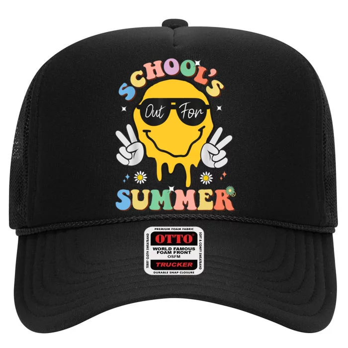 Last Day Of School Schools Out For Summer Teacher High Crown Mesh Trucker Hat