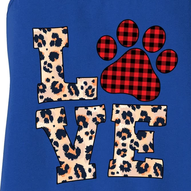 Love Dog Paw Buffalo Plaid Leopard Dog Lover Valentine's Day Gift Women's Racerback Tank