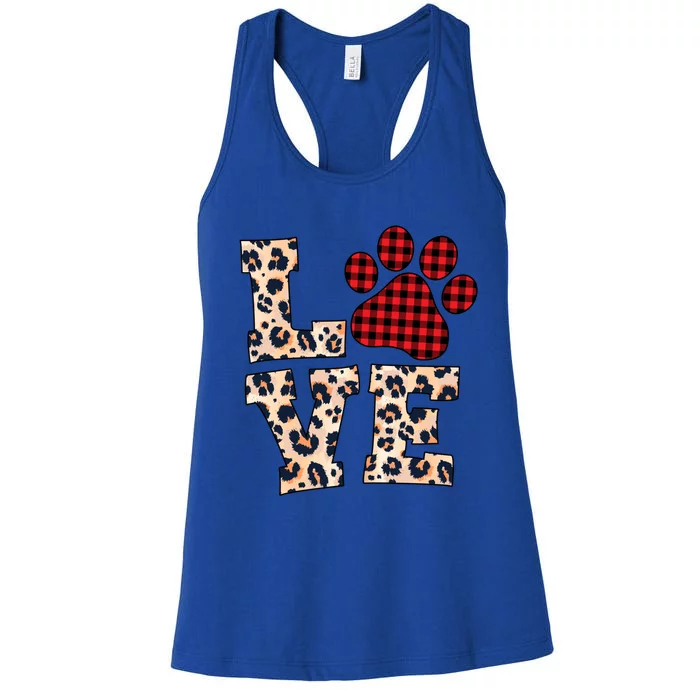 Love Dog Paw Buffalo Plaid Leopard Dog Lover Valentine's Day Gift Women's Racerback Tank