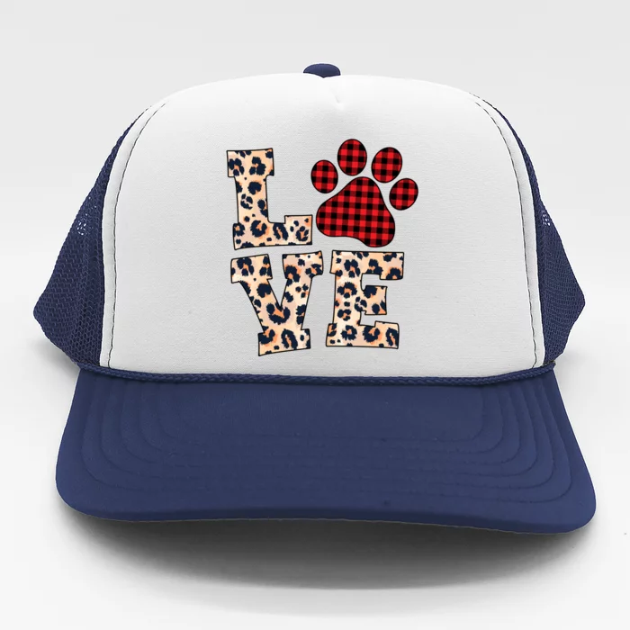 Love Dog Paw Buffalo Plaid Leopard Dog Lover Valentine's Day Gift Trucker Hat