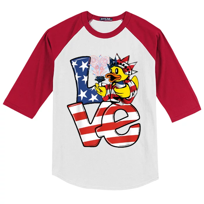 Love Duck Patriotic American Flag Cute Duck 4th Of July Meaningful Gift Kids Colorblock Raglan Jersey