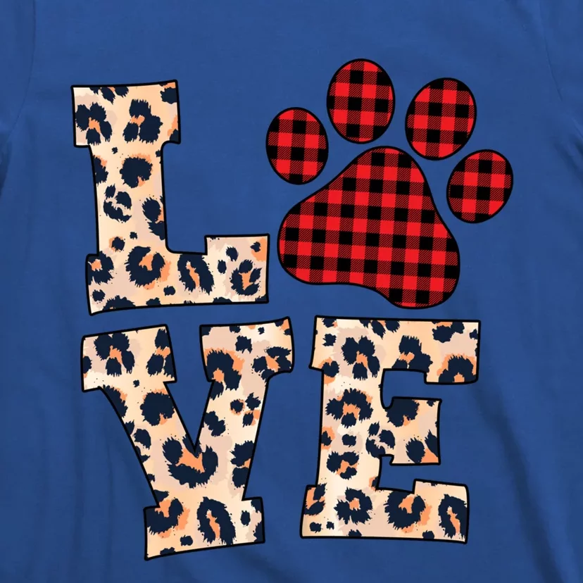 Love Dog Paw Buffalo Plaid Leopard Dog Lover Valentine's Day Gift T-Shirt