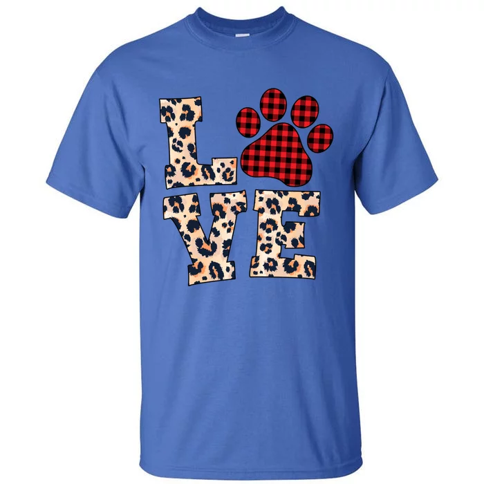 Love Dog Paw Buffalo Plaid Leopard Dog Lover Valentine's Day Gift Tall T-Shirt