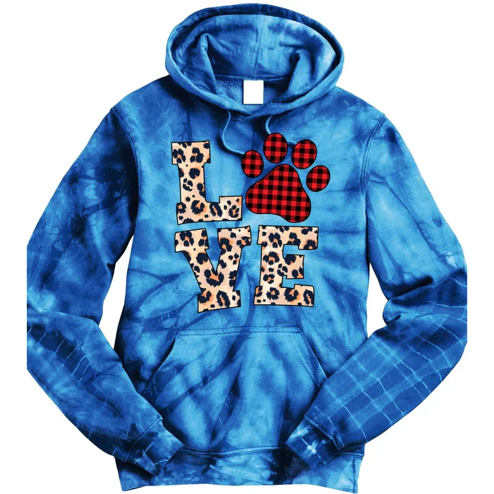 Love Dog Paw Buffalo Plaid Leopard Dog Lover Valentine's Day Gift Tie Dye Hoodie