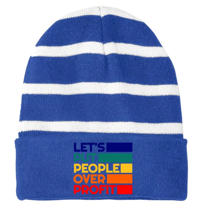 Leftist Democratic Socialist Union Retro People Over Profit Gift Striped Beanie with Solid Band