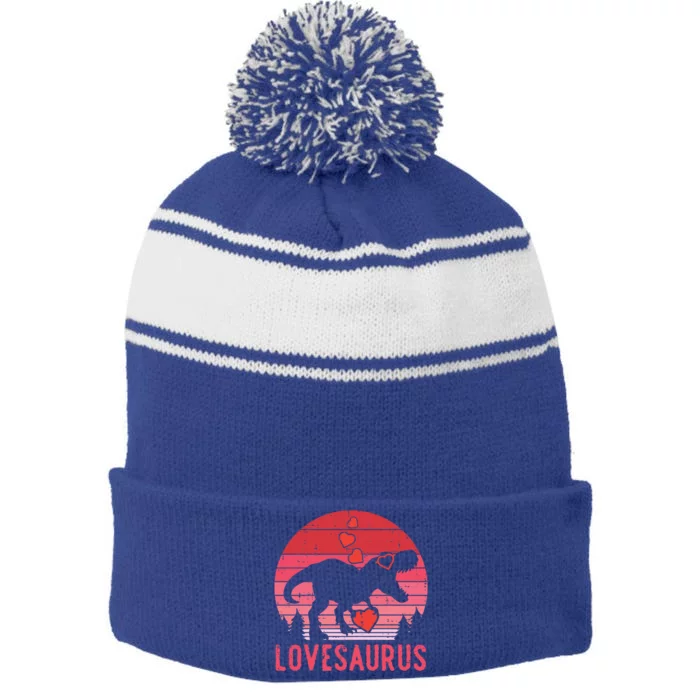 Lovesaurus Dino Trex Valentines Day Gift Stripe Pom Pom Beanie