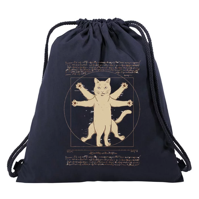 Leonardo Da Vinci Vitruvian Cat Lover Line Art Abstract Drawstring Bag