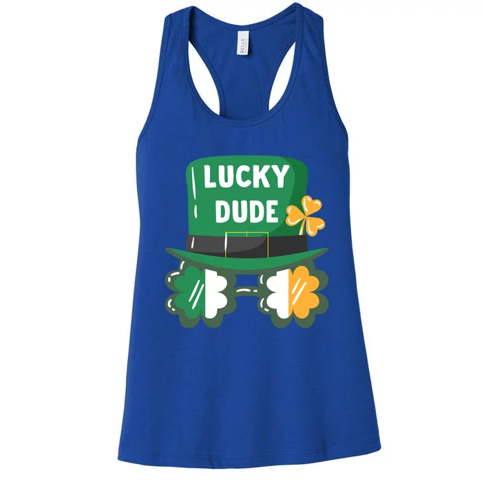 Lucky Dude With Shamrock Sunglasses Funny St Patrick's Day Cool Gift Women's Racerback Tank