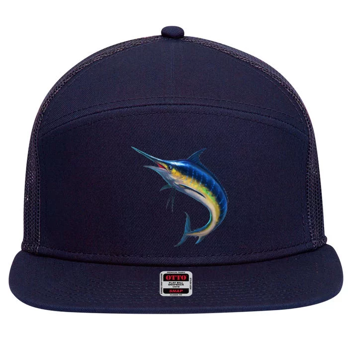 Leaping Blue Marlin 7 Panel Mesh Trucker Snapback Hat