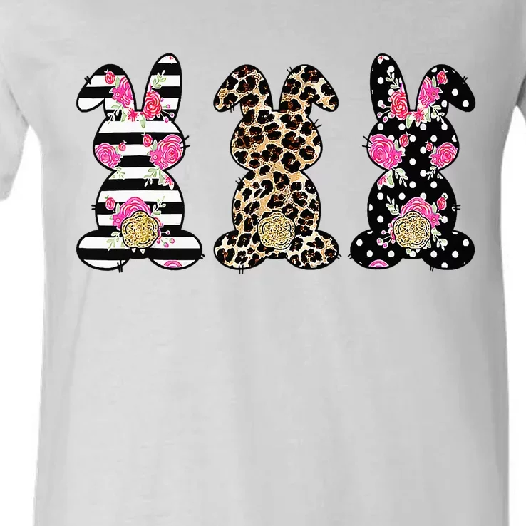 Leopard Easter Bunny Rabbit Trio Cute Easter V-Neck T-Shirt