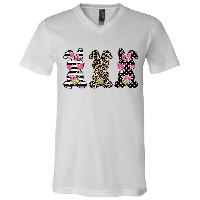 Leopard Easter Bunny Rabbit Trio Cute Easter V-Neck T-Shirt