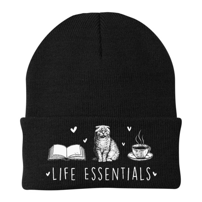 Life Essentials Cats Books Coffee Animal Lover Pet Owner Knit Cap Winter Beanie