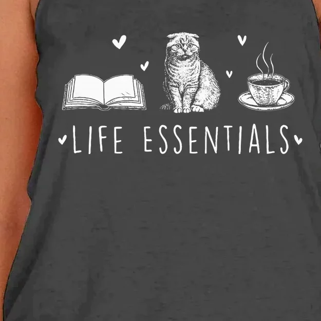 Life Essentials Cats Books Coffee Animal Lover Pet Owner Women's Knotted Racerback Tank