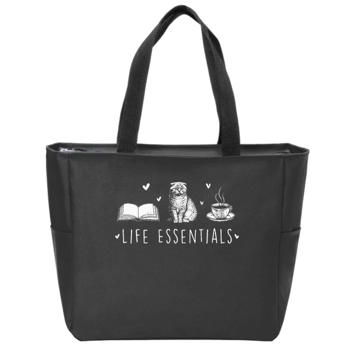 Life Essentials Cats Books Coffee Animal Lover Pet Owner Zip Tote Bag