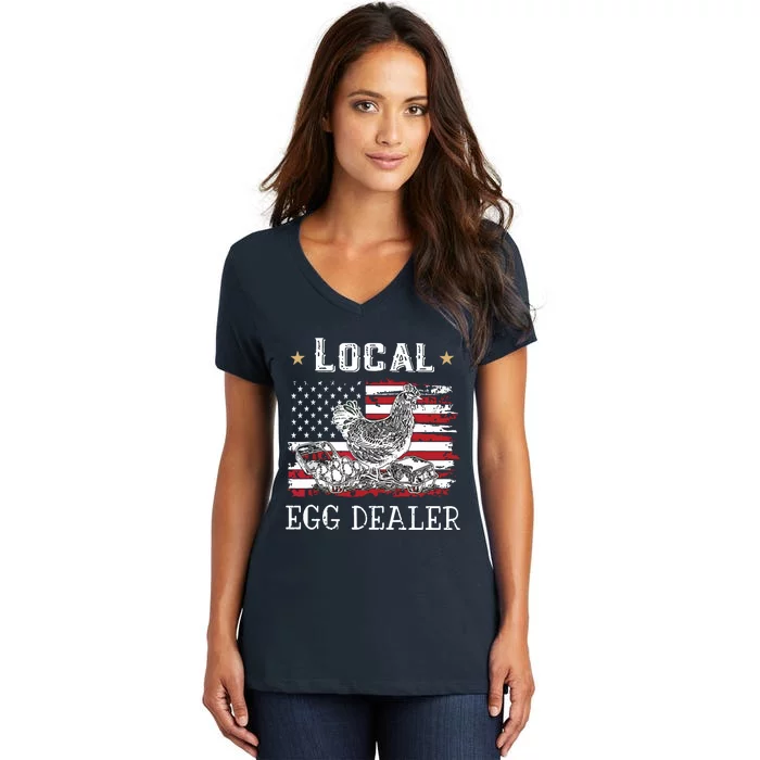 Local Egg Dealer Funny American Flag Chicken Lover Farmer Women's V-Neck T-Shirt