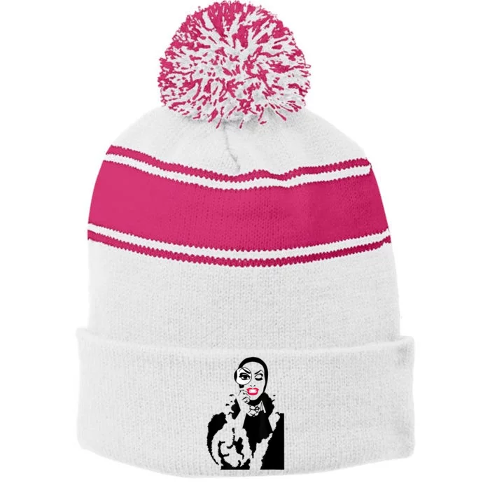 Little Edie Monsoon Drag Queen Race Graphic Stripe Pom Pom Beanie