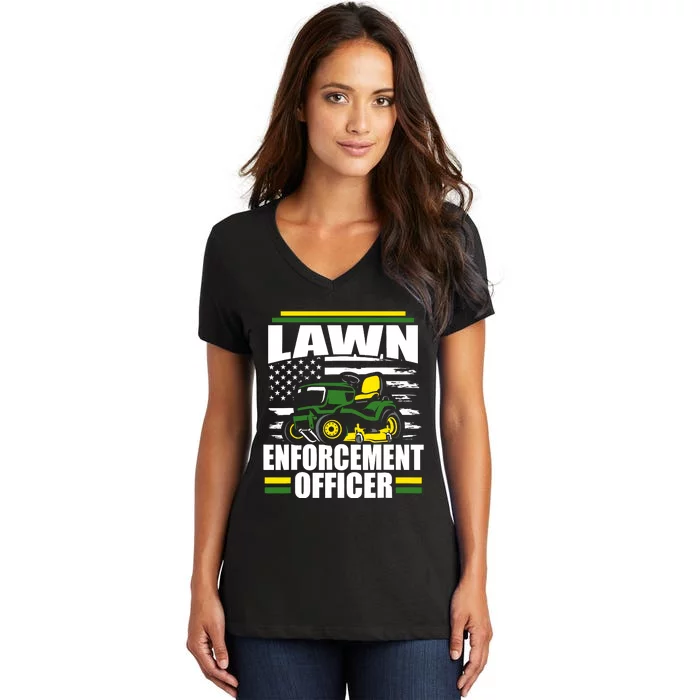 Lawn Enforcement Officer Funny Mower American Flag Fathers Women's V-Neck T-Shirt