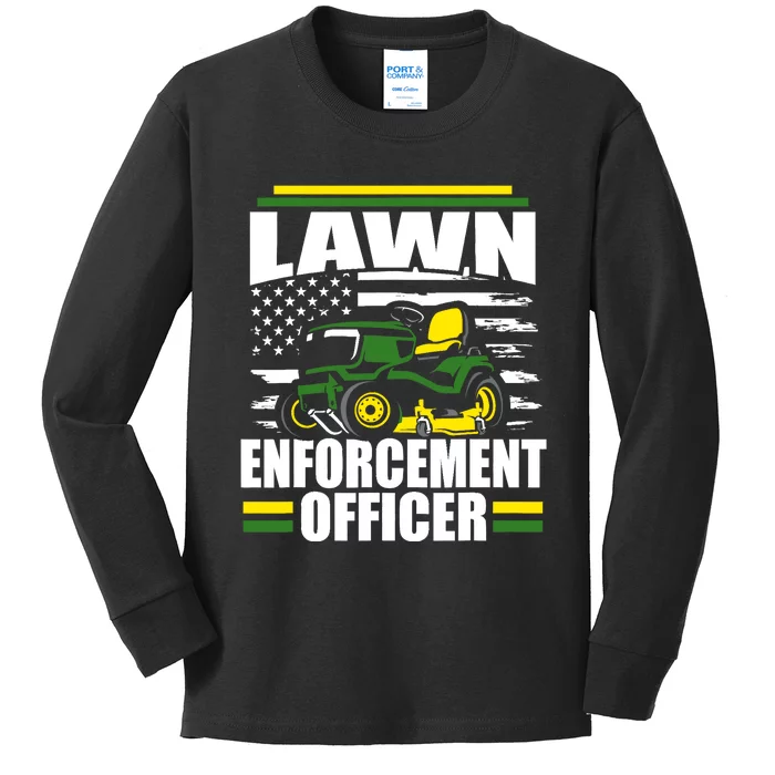 Lawn Enforcement Officer Funny Mower American Flag Fathers Kids Long Sleeve Shirt