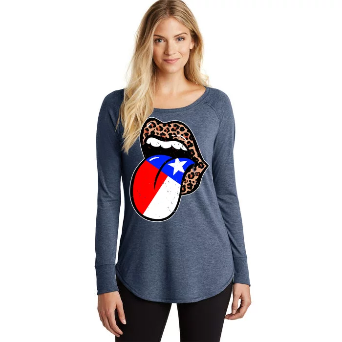 Leopard Print Lips with American Flag Women's Perfect Tri Tunic Long Sleeve Shirt