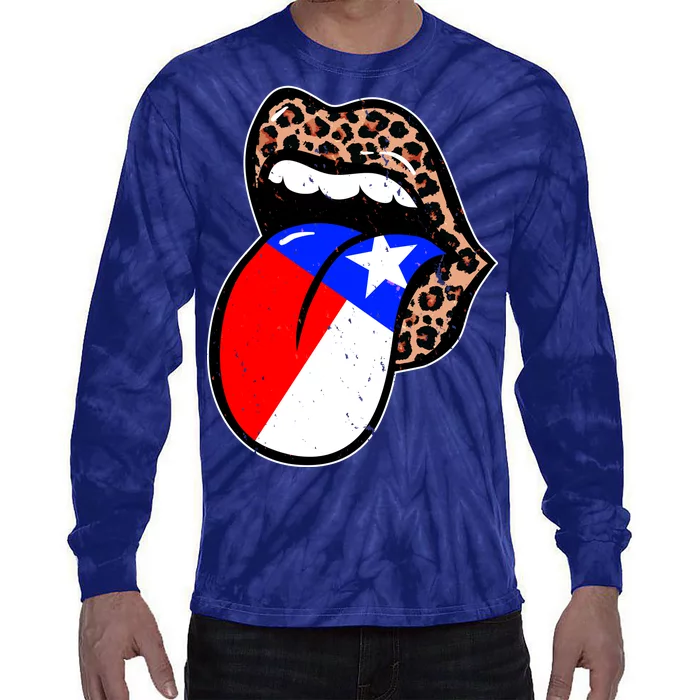 Leopard Print Lips with American Flag Tie-Dye Long Sleeve Shirt